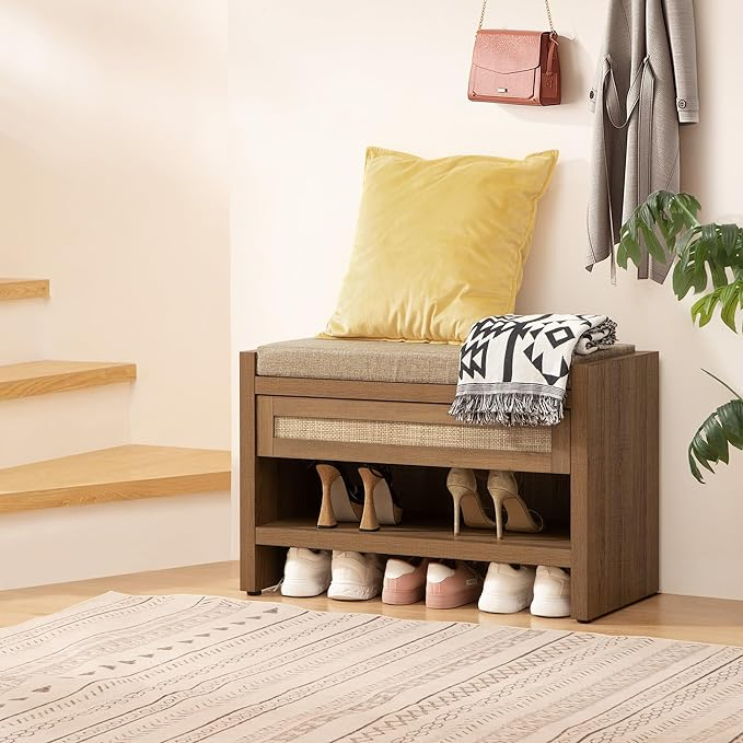 Rattan Shoe Bench Entryway Bench with Storage Drawer and Linen Seat Cushion