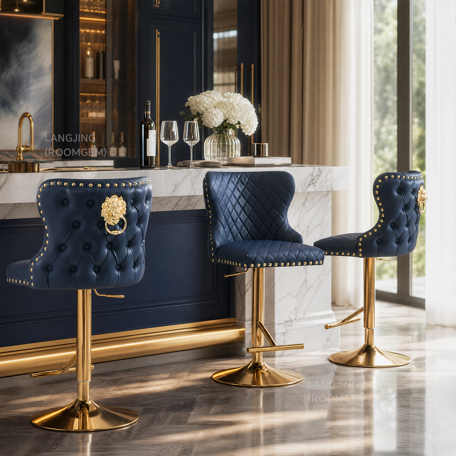 Luxury Tufted Lion Knocker Nailed Velvet Leather Sliver Gold Base Swivel Metal High Chair Bar Stool for Bar Table With Back Rest