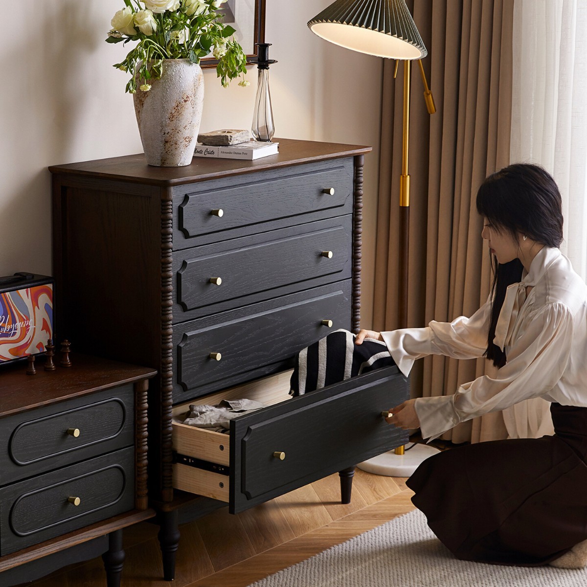 French Vintage Style Solid Wood Four Drawer Chest Storage Dresser For Living Room Bedroom Entryway Cabinet