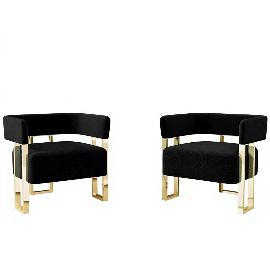 Modern Black Gold Velvet Fabric Boucle Curved Back Accent Chair Set 2 Armchairs Metal Legs for Living Room Bedroom Home Office