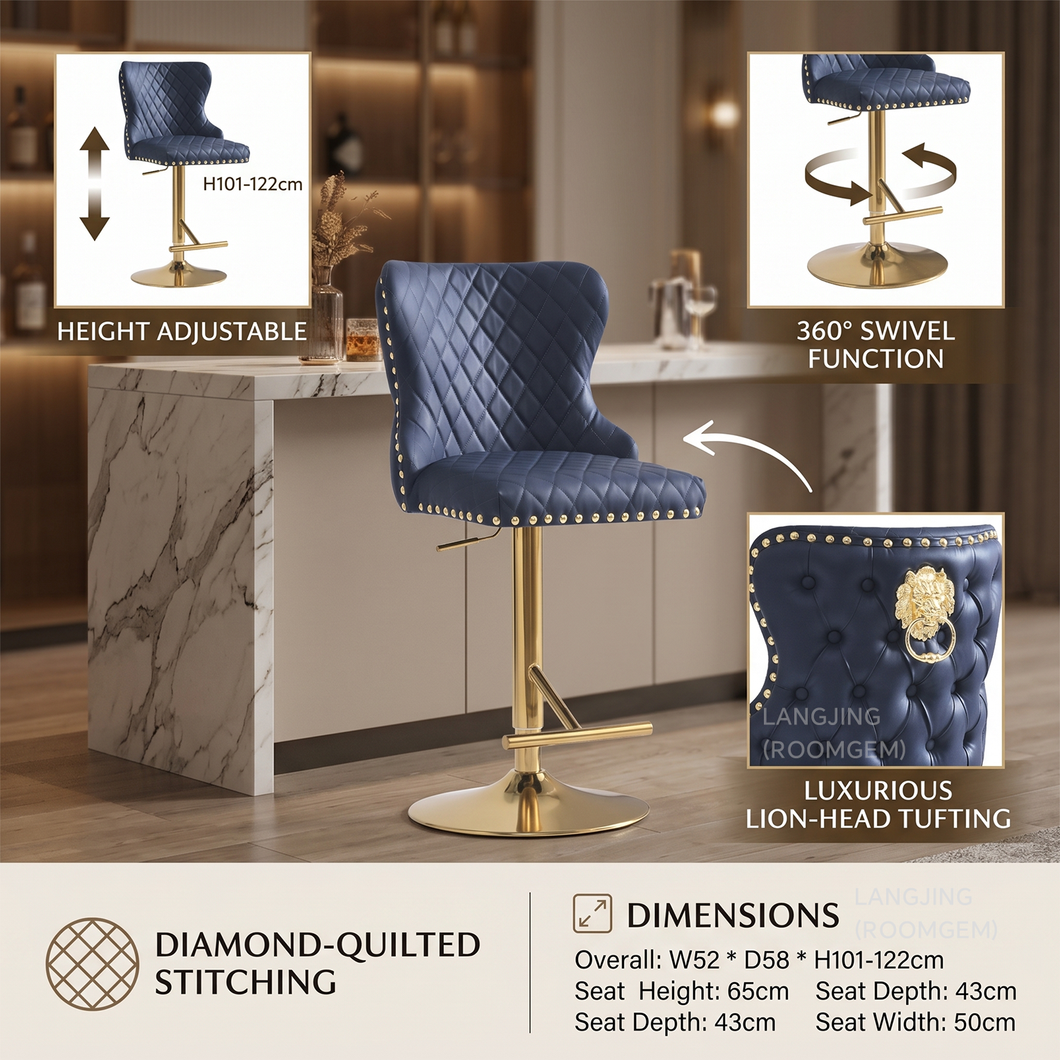 Luxury Tufted Lion Knocker Nailed Velvet Leather Sliver Gold Base Swivel Metal High Chair Bar Stool for Bar Table With Back Rest