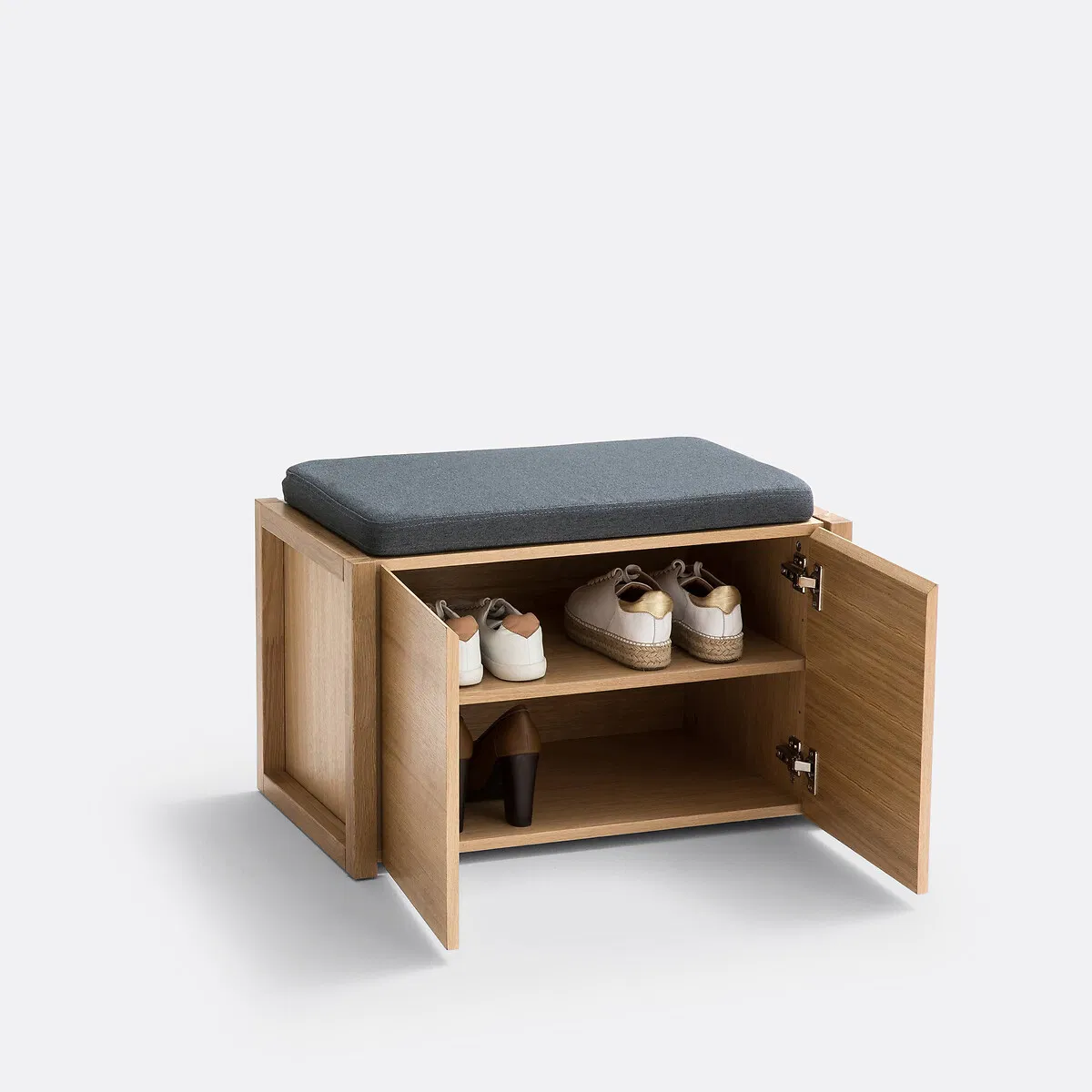 Wooden Entryway Storage Shoe Bench with Cushioned Seat and Double Doors