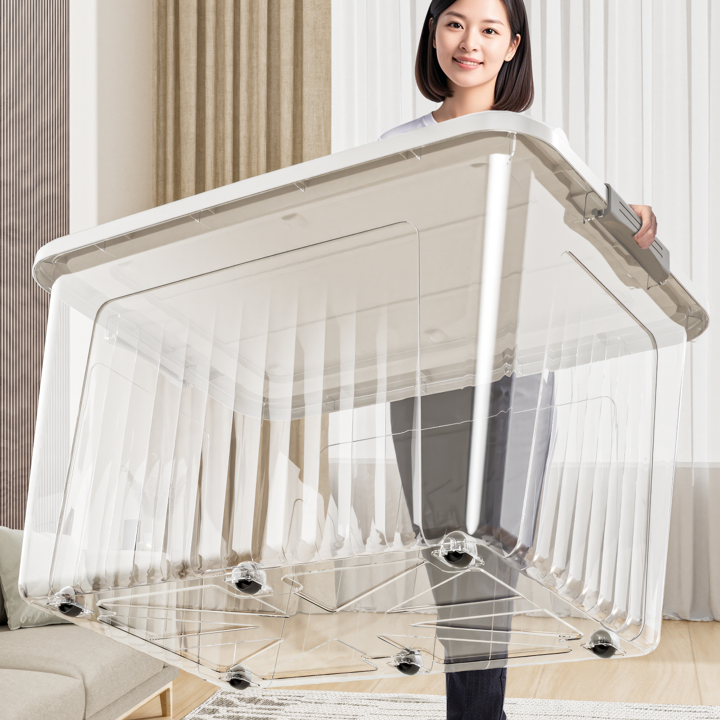 Clear Storage Bin With Wheels Large Capacity Plastic Storage Box With Lid Stackable Rolling Organizer For Clothes Toy Closet