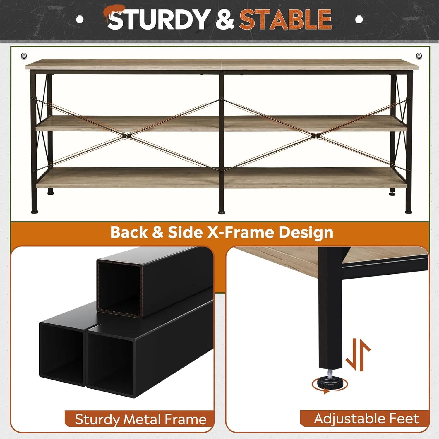 TV Media Console with 3-Tier Storage Shelves for Living Room and Bedroom