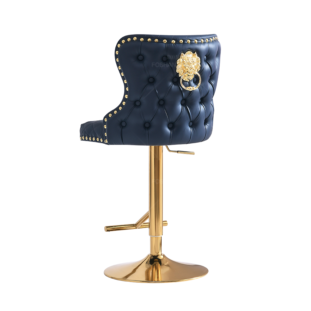 Luxury Tufted Lion Knocker Nailed Velvet Leather Sliver Gold Base Swivel Metal High Chair Bar Stool for Bar Table With Back Rest