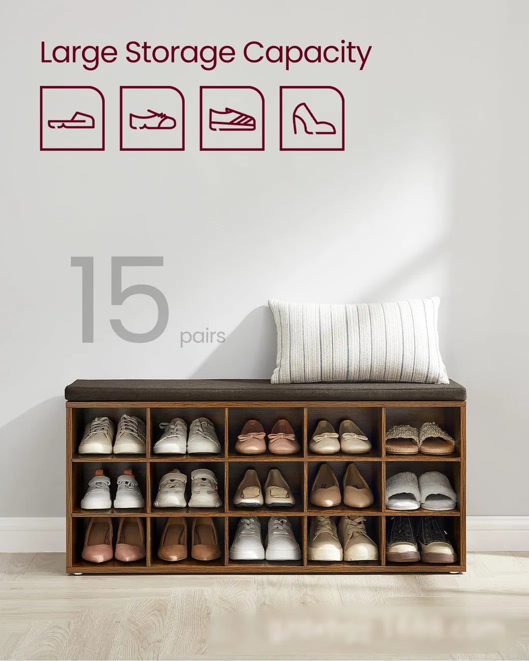 Wooden Shoe Storage Bench with Cushion Detail