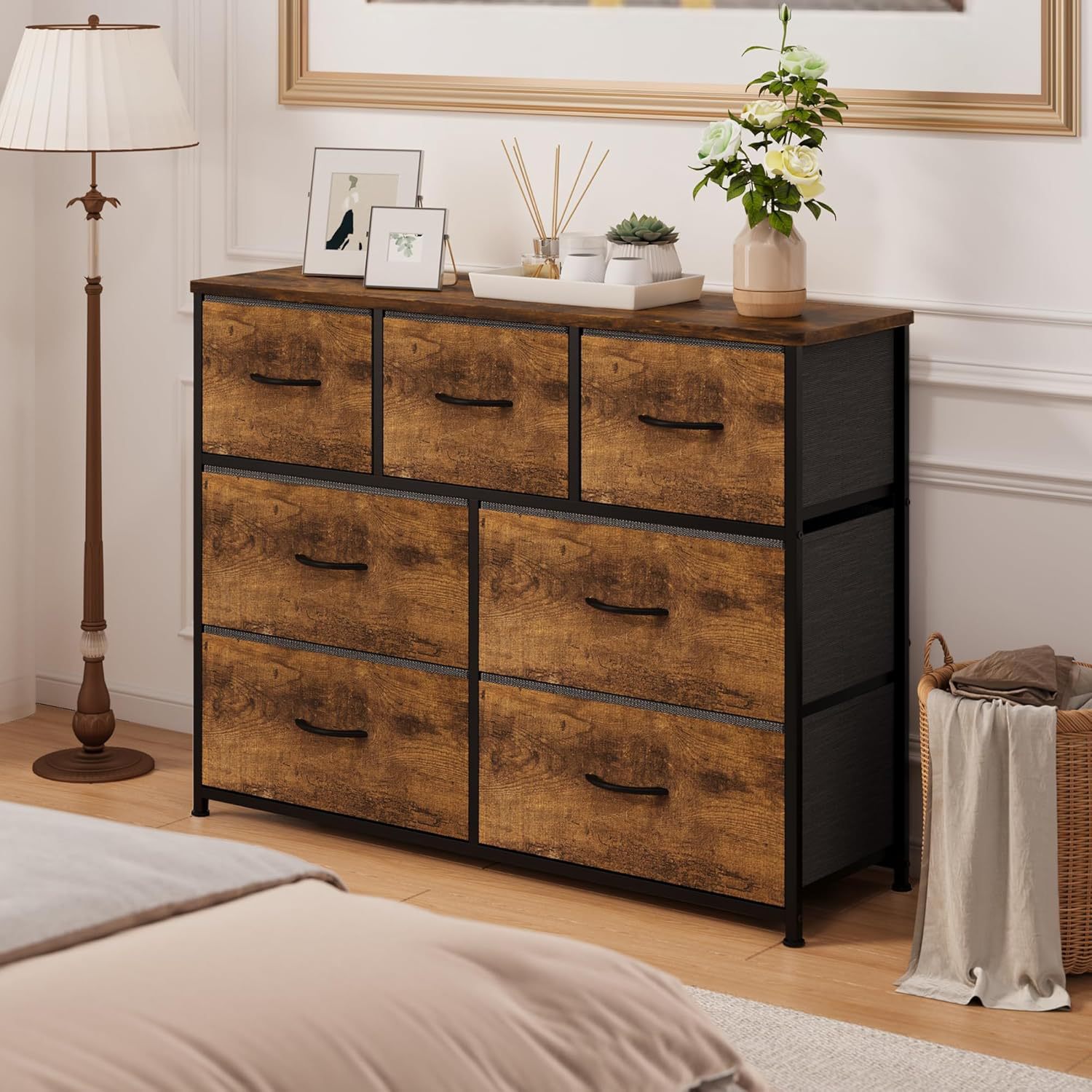 Rustic Home Storage Furniture Steel Wood Dresser Cabinet 9 Fabric Drawers Bedroom Living Room Toys Storage Cabinet