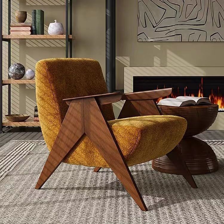 Classic Retro Armchair Solid Wood Frame Single Seat For Living Room And Balcony Home Use
