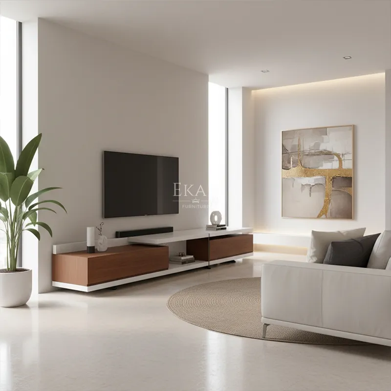 Horizon Linear Dual-Tone Media Console Open Drawers