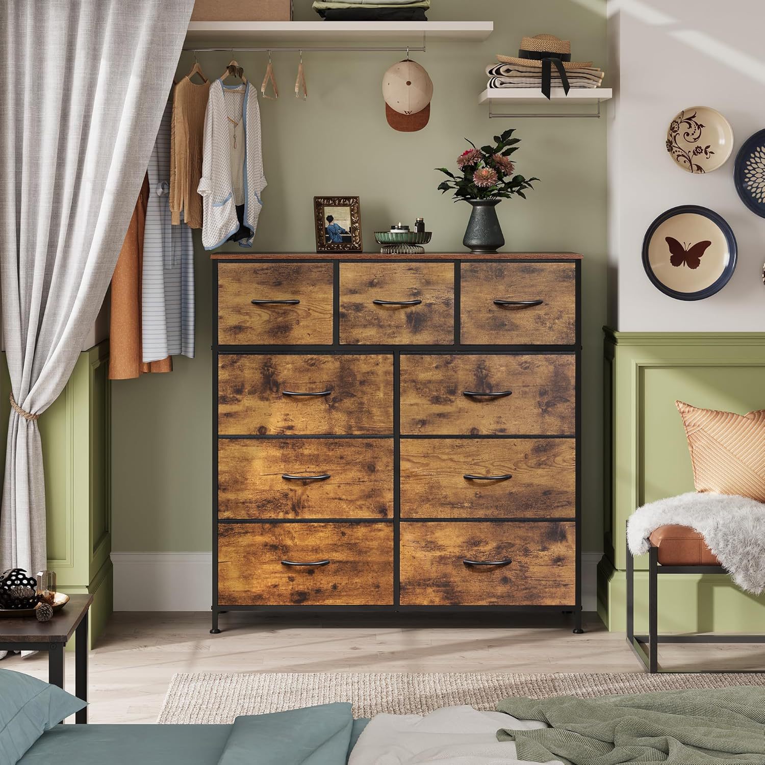 Rustic Home Storage Furniture Steel Wood Dresser Cabinet 9 Fabric Drawers Bedroom Living Room Toys Storage Cabinet