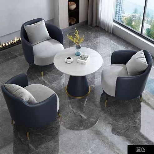 Modern Upholstered Accent Chair Set With Round Marble Side Table, 3-Piece Lounge Chair With Pillow For Living Room &amp; Hotel