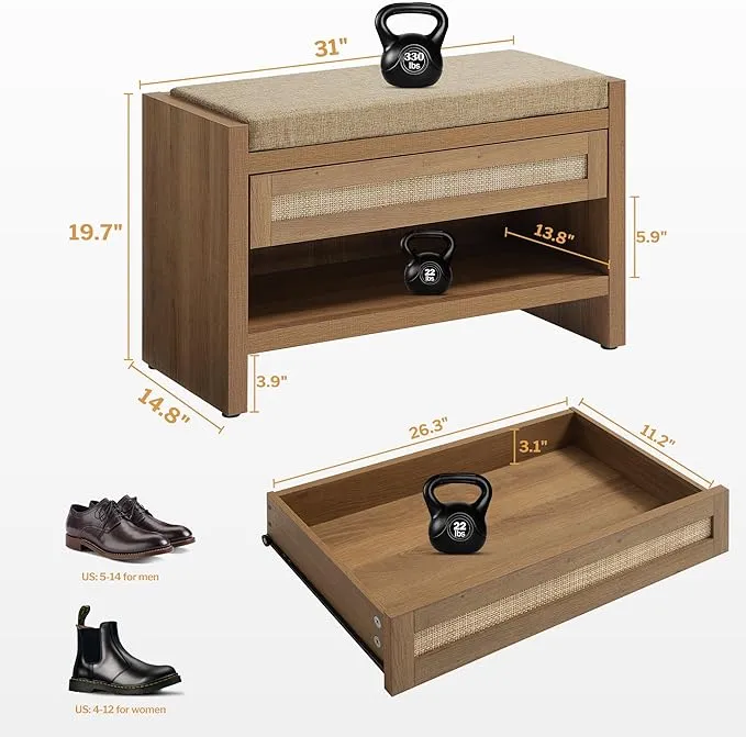 Rattan Shoe Bench Entryway Bench with Storage Drawer and Linen Seat Cushion