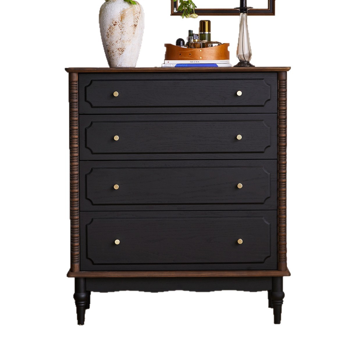 French Vintage Style Solid Wood Four Drawer Chest Storage Dresser For Living Room Bedroom Entryway Cabinet