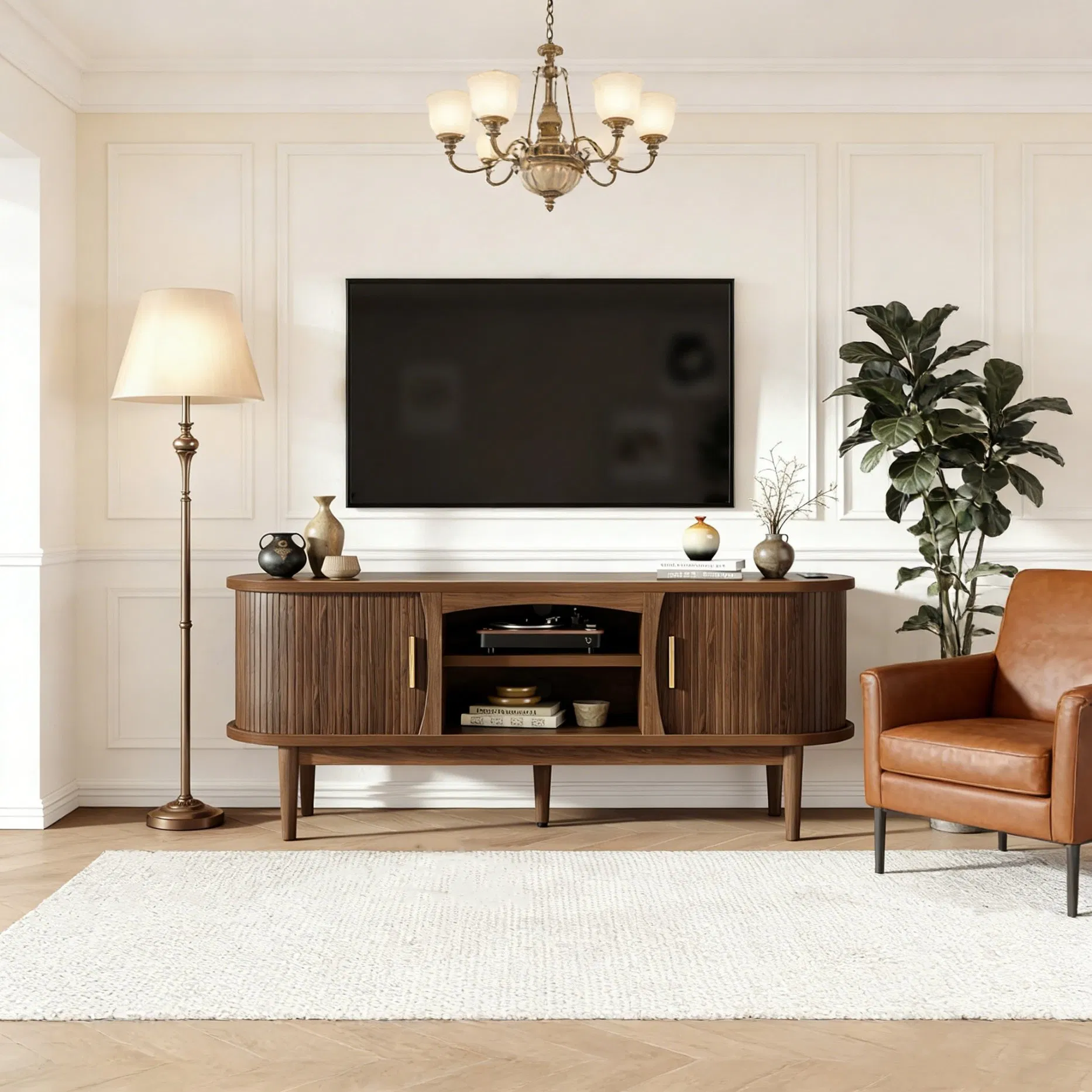 Elegant Walnut Color Media Console for Living Room TV