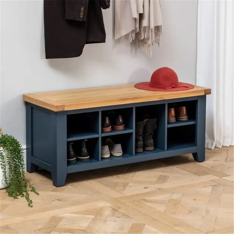 Solid Oak Wooden Blue Painted Hallway Shoe Storage Bench