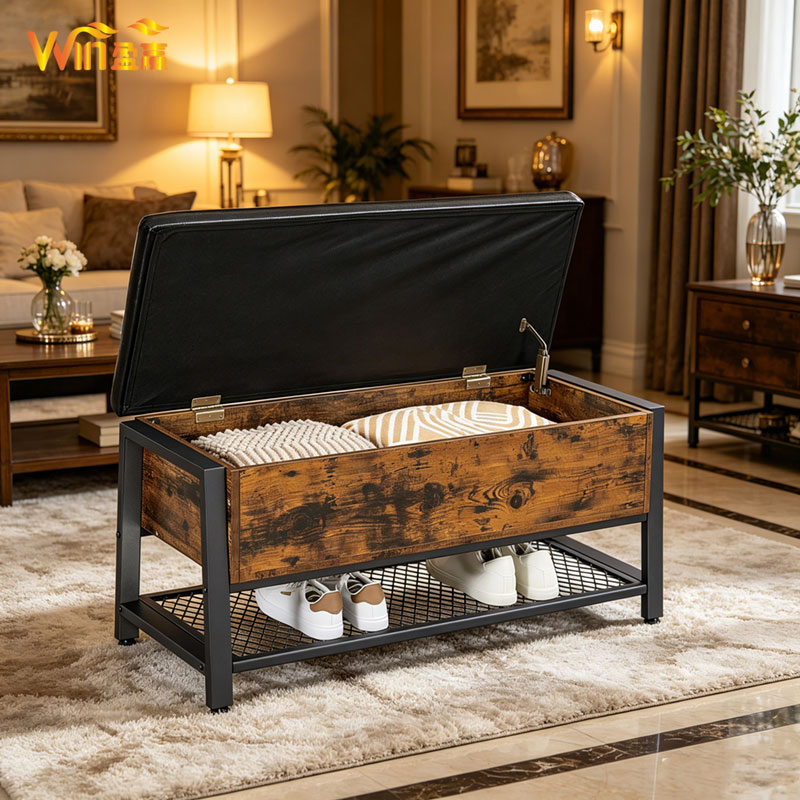 Rustic Brown Entryway Storage Bench with Cushioned Seat, Shoe Shelf &amp; Large Hidden Compartmen