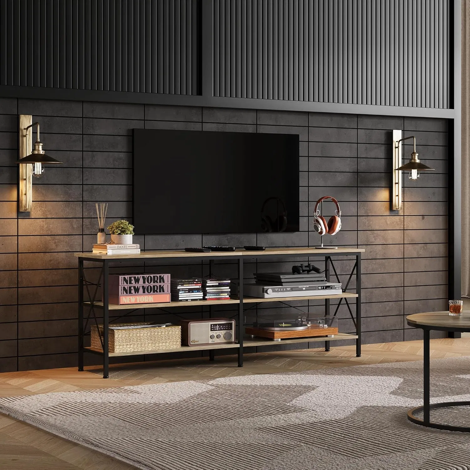TV Media Console with 3-Tier Storage Shelves for Living Room and Bedroom