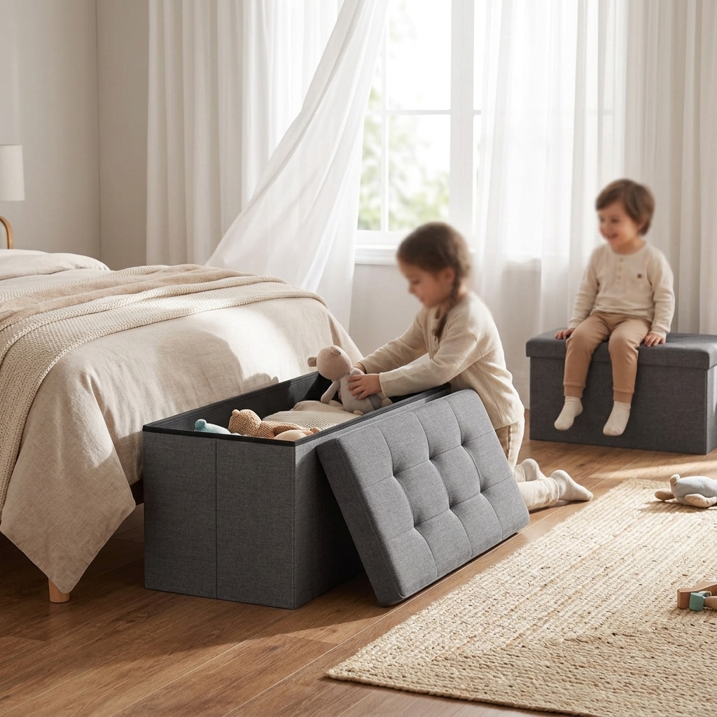 Linen Fabric Folding Storage Ottoman Shoe Bench Footrest Padded Seat Storage Chest for Bedroom Living Room Storage Ottoman