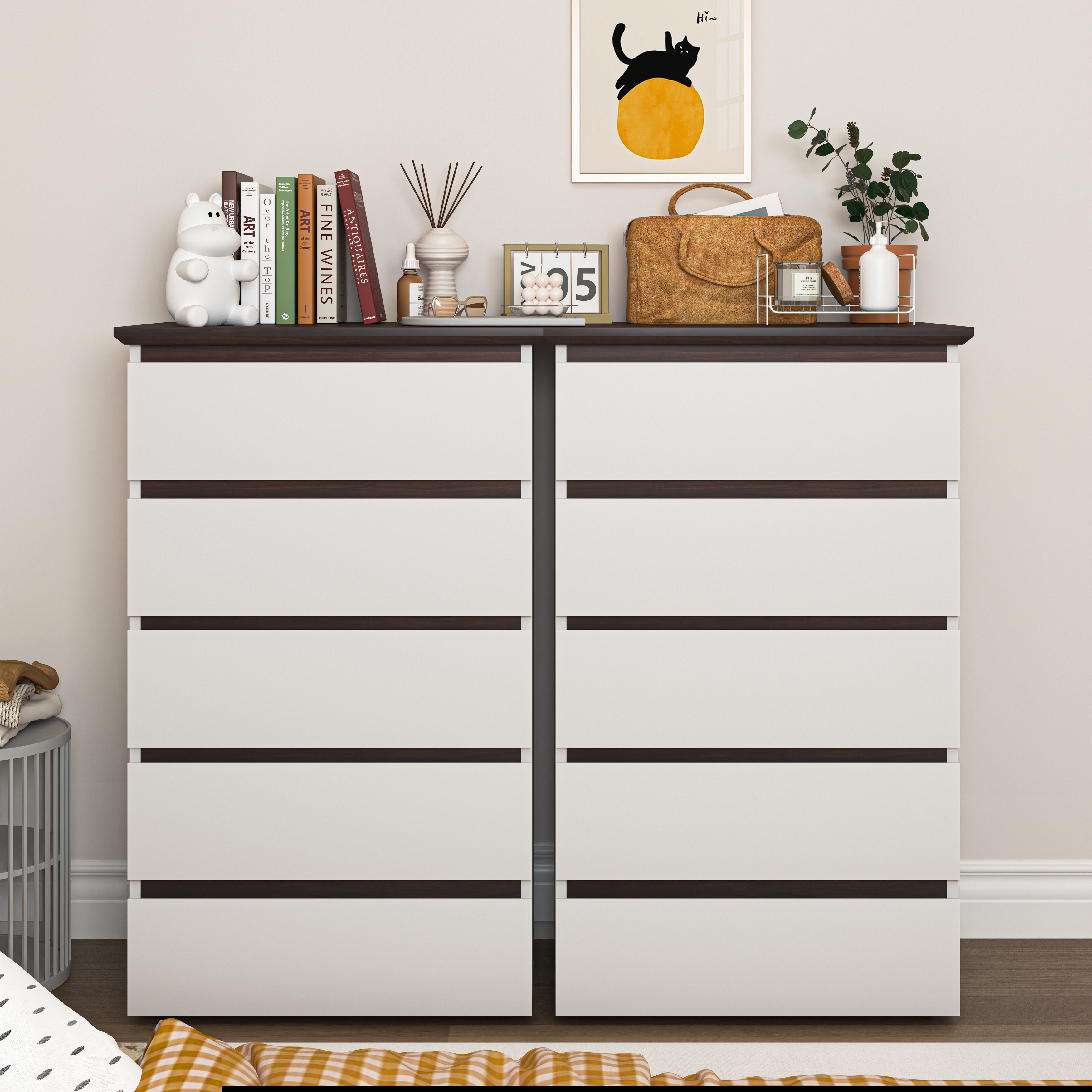 OE HOME 5-Drawer Modern European Dresser for Bedroom Convertible White Walnut Color Storage Chest Cabinet