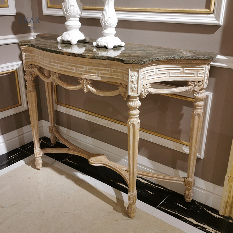 Hallway Vintage Antique Luxury Hotel Wood Curved Half Moon Marble Console Table with Storage