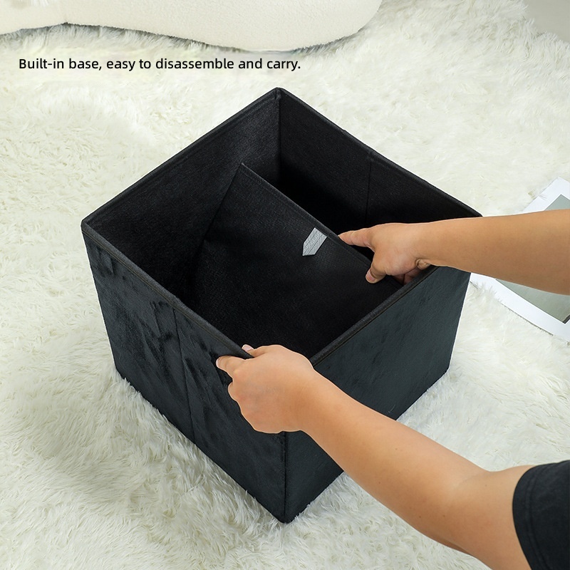 Bohemian Linen Fabric Polyester Storage Ottoman Grey Foldable Rectangle Footrest Seat Cube Wooden Feet Lid for Clothing 35L
