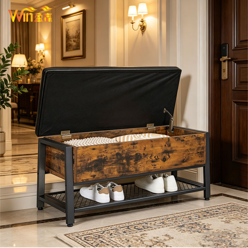 Rustic Brown Entryway Storage Bench with Cushioned Seat, Shoe Shelf &amp; Large Hidden Compartmen