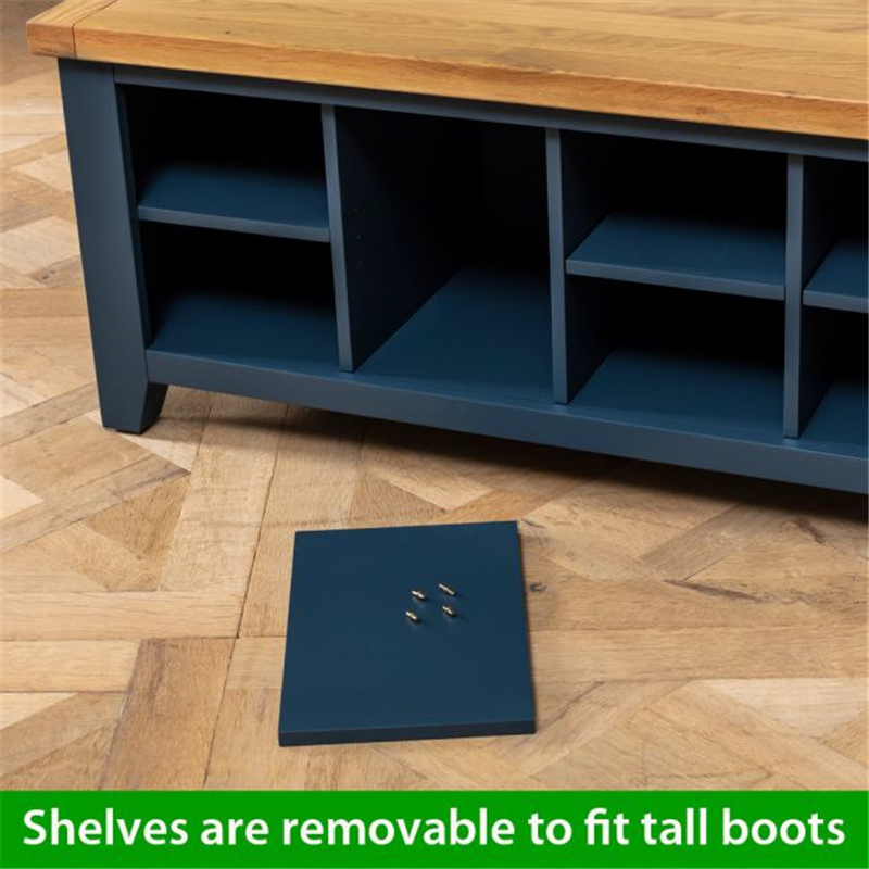 Solid Oak Wooden Blue Painted Hallway Shoe Storage Bench, 2 Tiers Living Room Display Rack Organizer Entryway Bathroom Shoe Bench