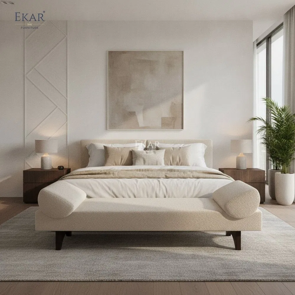 Customizable Upholstered Bed Bench Soft Fabric End-of-Bed Stool with Solid Wood Legs for Bedroom, Living Room &amp; Entryway