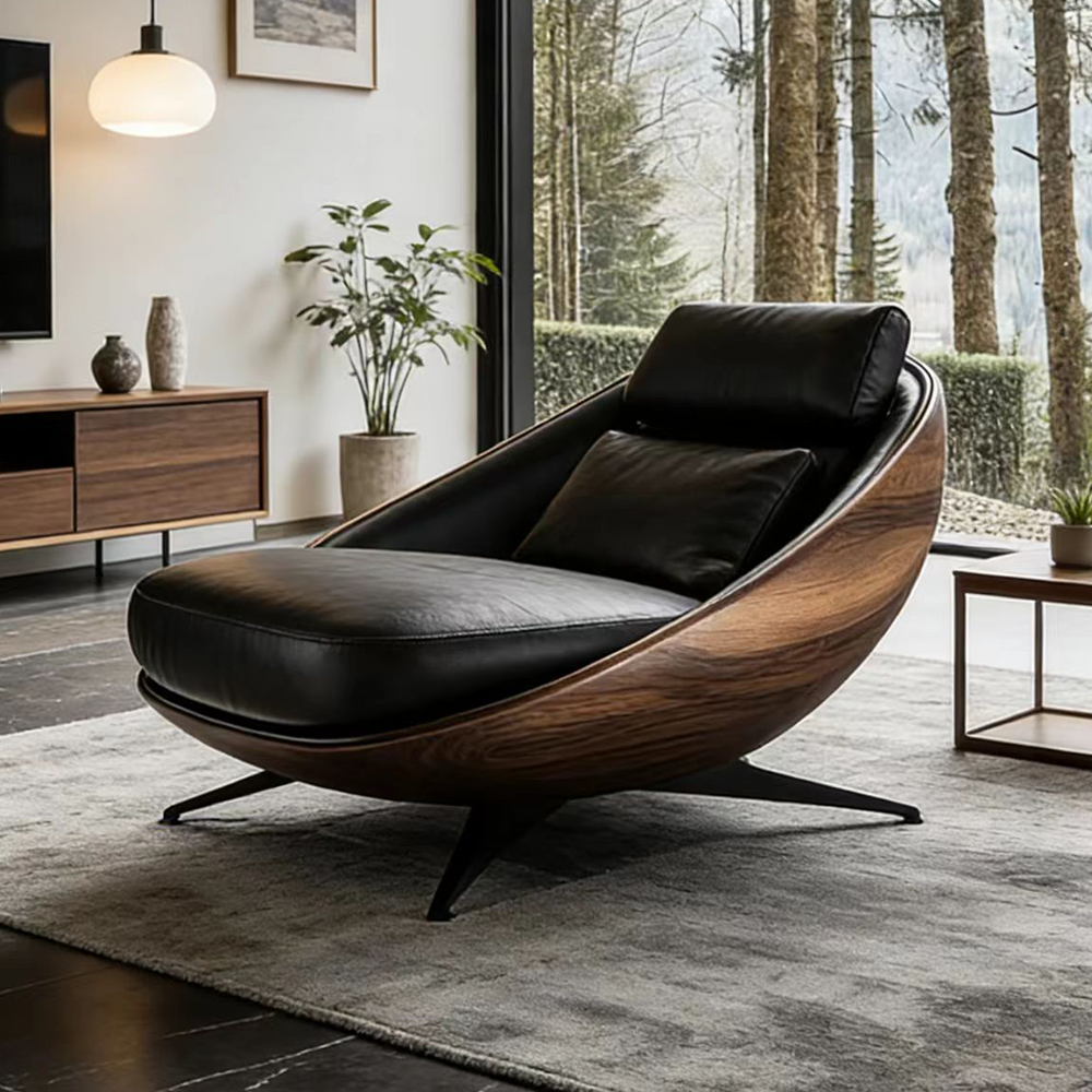 Modern Luxury Fiberglass Walnut Wood Color Lounge Chair Ergonomic Recliner Accent Sofa Armchair for Living Room Home Furniture