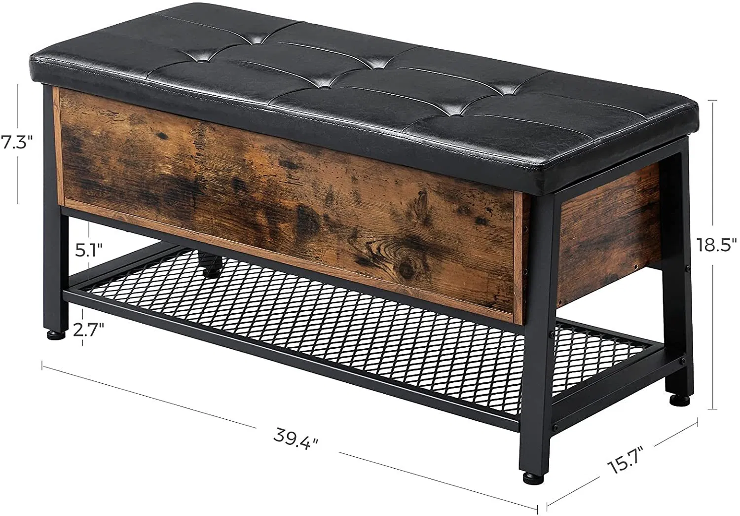 Rustic Brown Entryway Storage Bench with Cushioned Seat, Shoe Shelf & Large Hidden Compartment