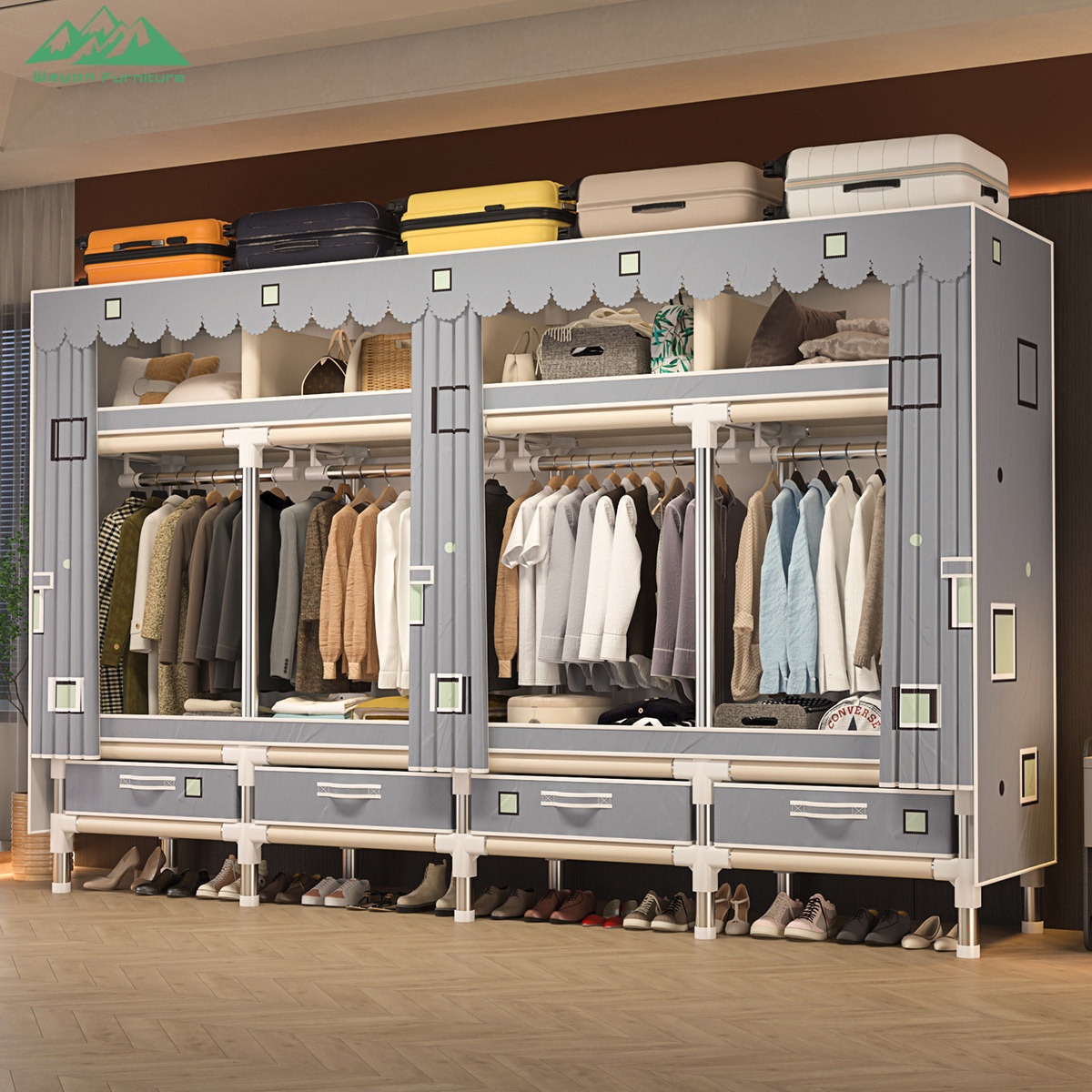 Wayon Sliding-door Fabric Wardrobe with 4 Drawers &amp; Top Wave Valance Modern Closet for Bedroom Storage