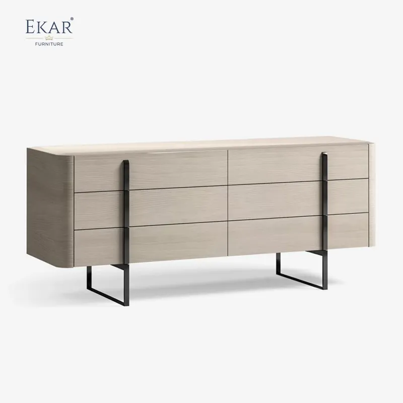 Modern Solid Wood Media Console with Metal Legs and Shelves Detail 5