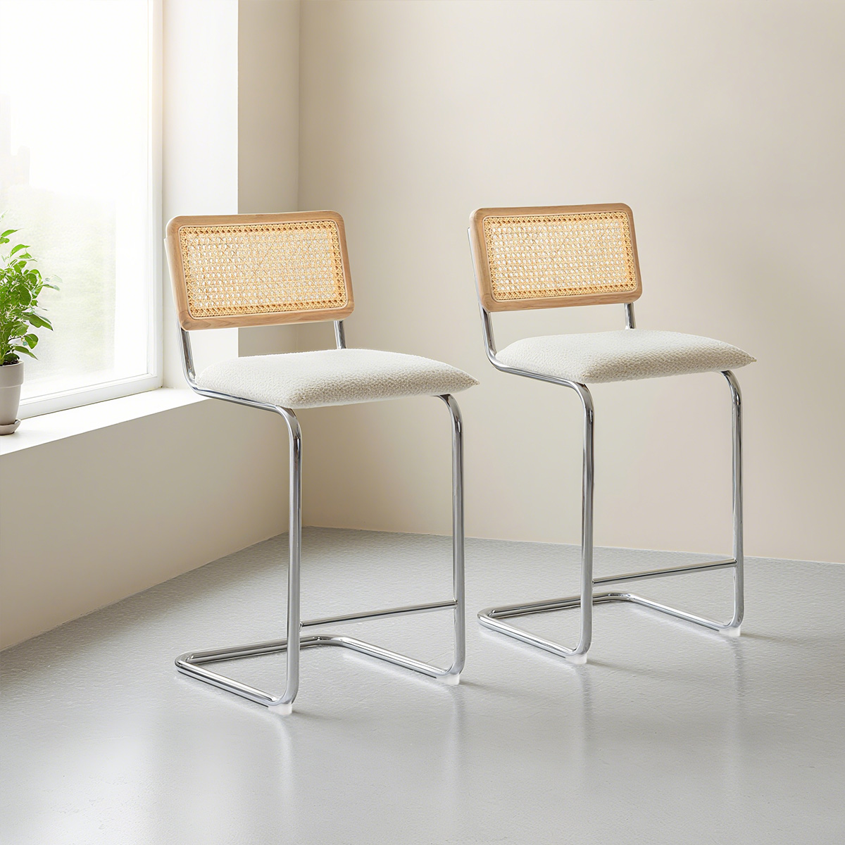 Mid-Century Modern Counter Height Chair Rattan Back Boucle Bar Stool With Chrome Cantilever Base