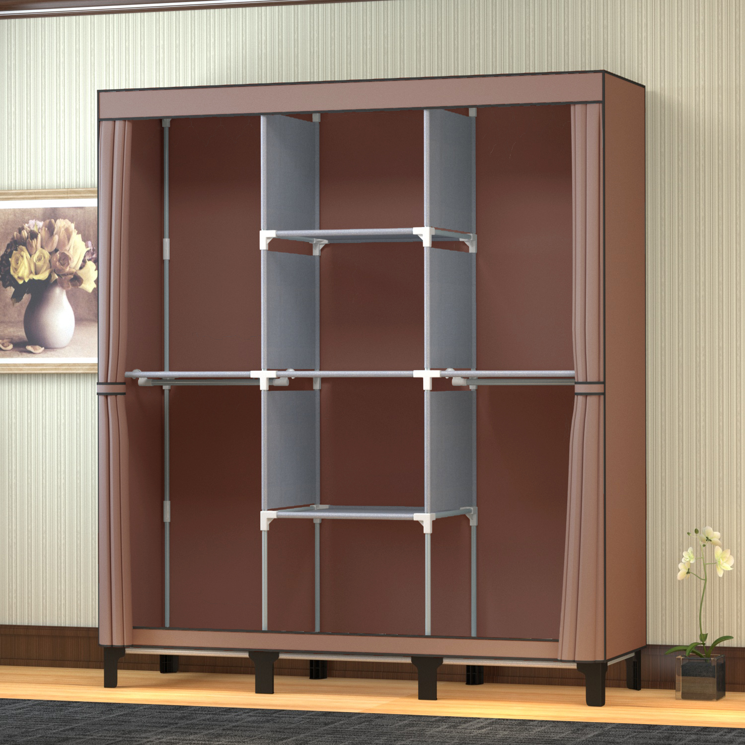 Modern Design 3-Row Foldable Non-Woven Fabric Wardrobe Huge Portable Closet with Unique High Strong Metal Feet Bedroom DJ-190B