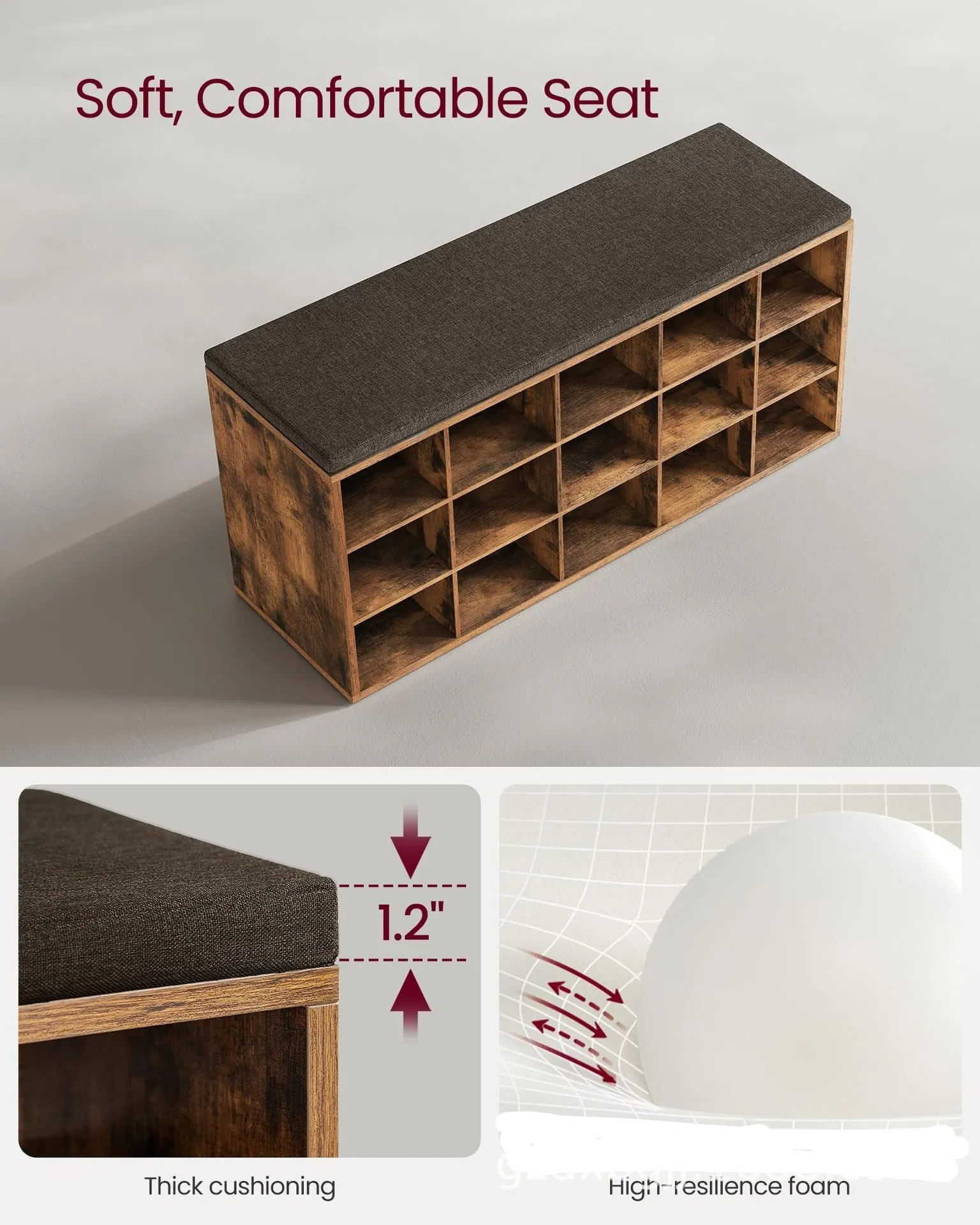 Wooden Shoe Storage Bench with Cushion Entryway Seat Shoe Rack for Living Room