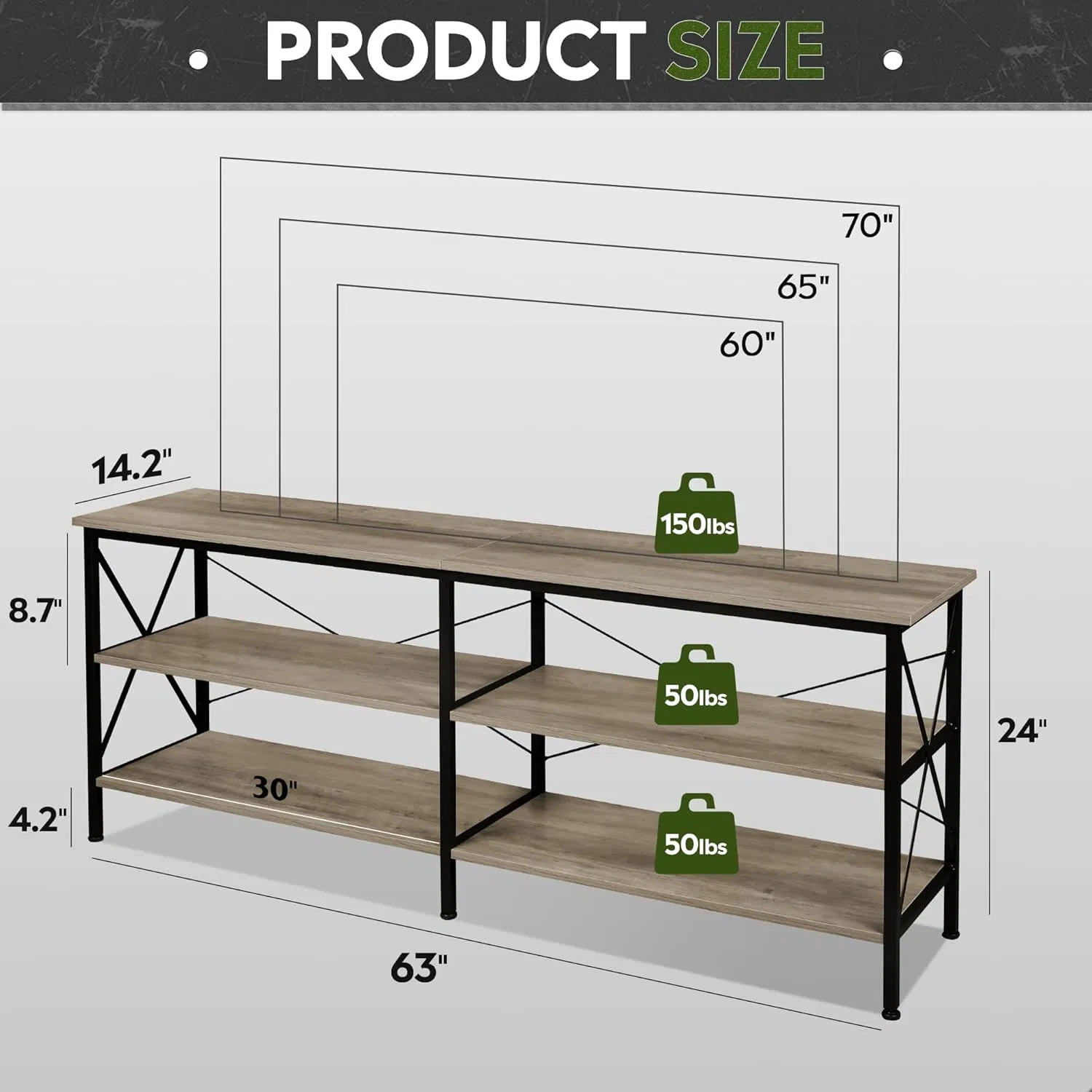 TV Media Console with 3-Tier Storage Shelves for Living Room and Bedroom