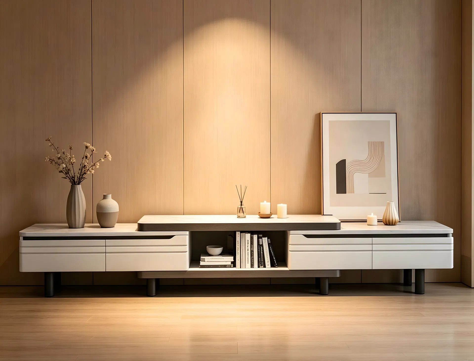 White Media TV Console for Living Room with Open Shelf Display Storage