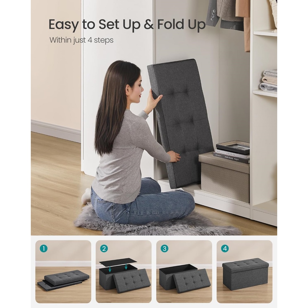 Linen Fabric Folding Storage Ottoman Shoe Bench Footrest Padded Seat Storage Chest for Bedroom Living Room Storage Ottoman