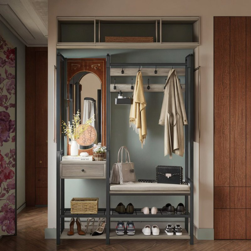 Modern 3-in-1 Entryway Hall Tree Coat Rack with Shoe Bench and 2 Fabric Drawers for Bedroom