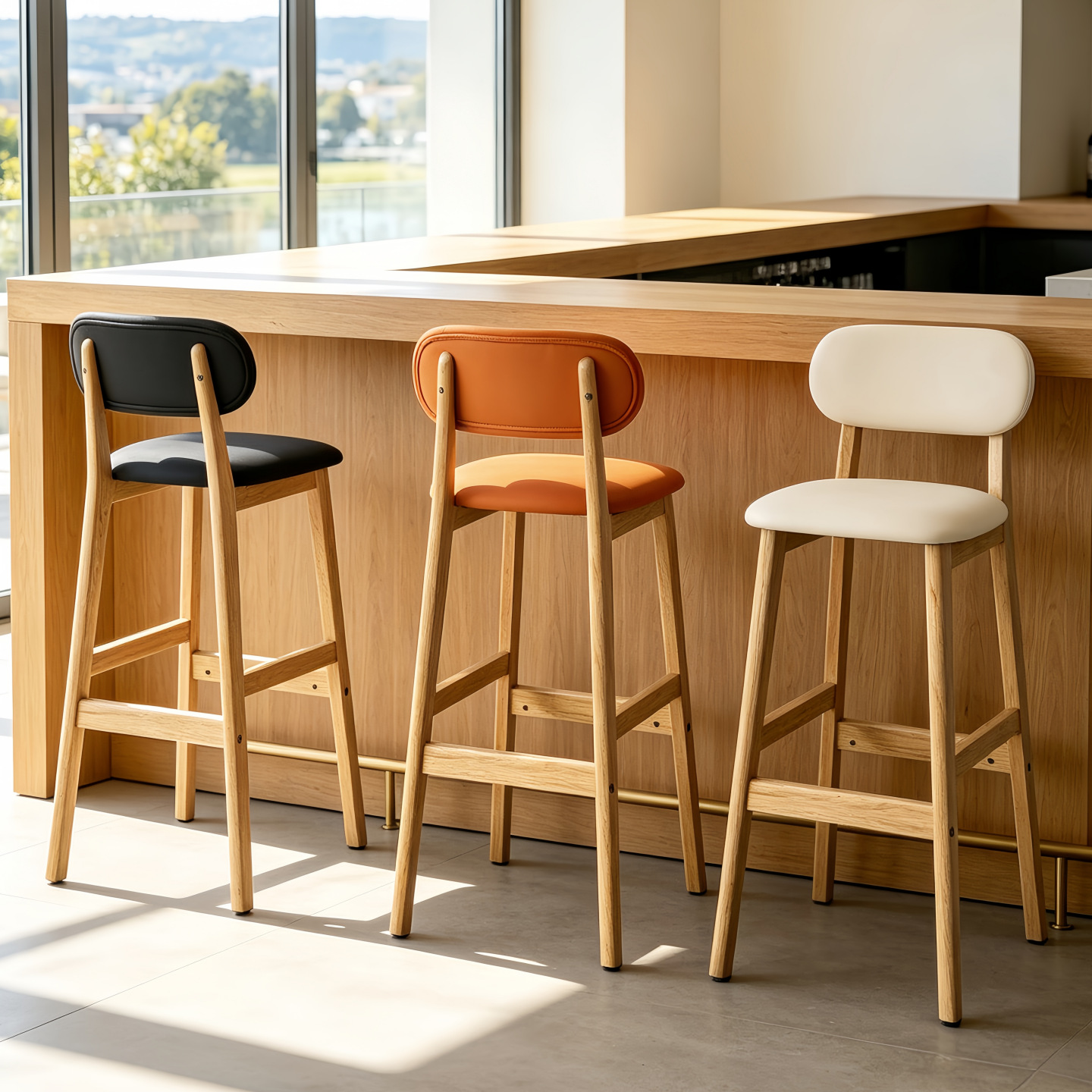 Modern Minimalist Solid Wood Bar Stools With Padded Backrest, Durable For Commercial Restaurant Use