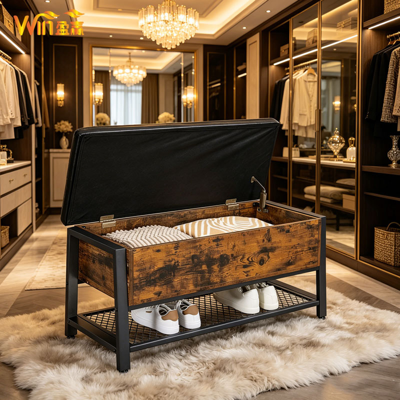 Rustic Brown Entryway Storage Bench with Cushioned Seat, Shoe Shelf &amp; Large Hidden Compartmen