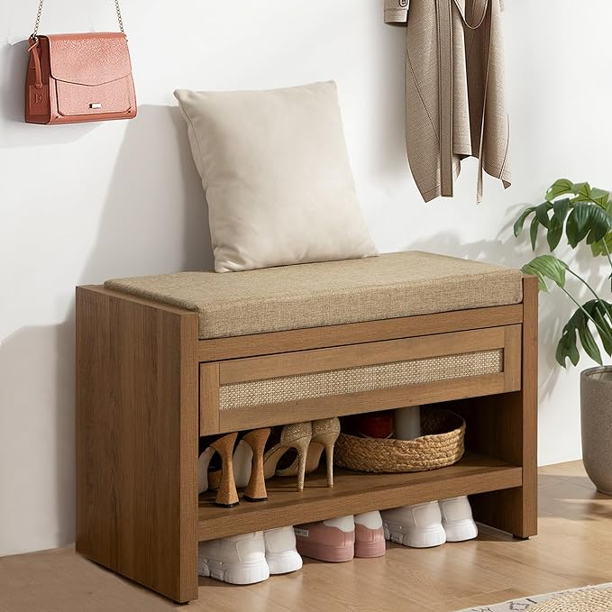 Rattan Shoe Bench Entryway Bench with Storage Drawer and Linen Seat Cushion