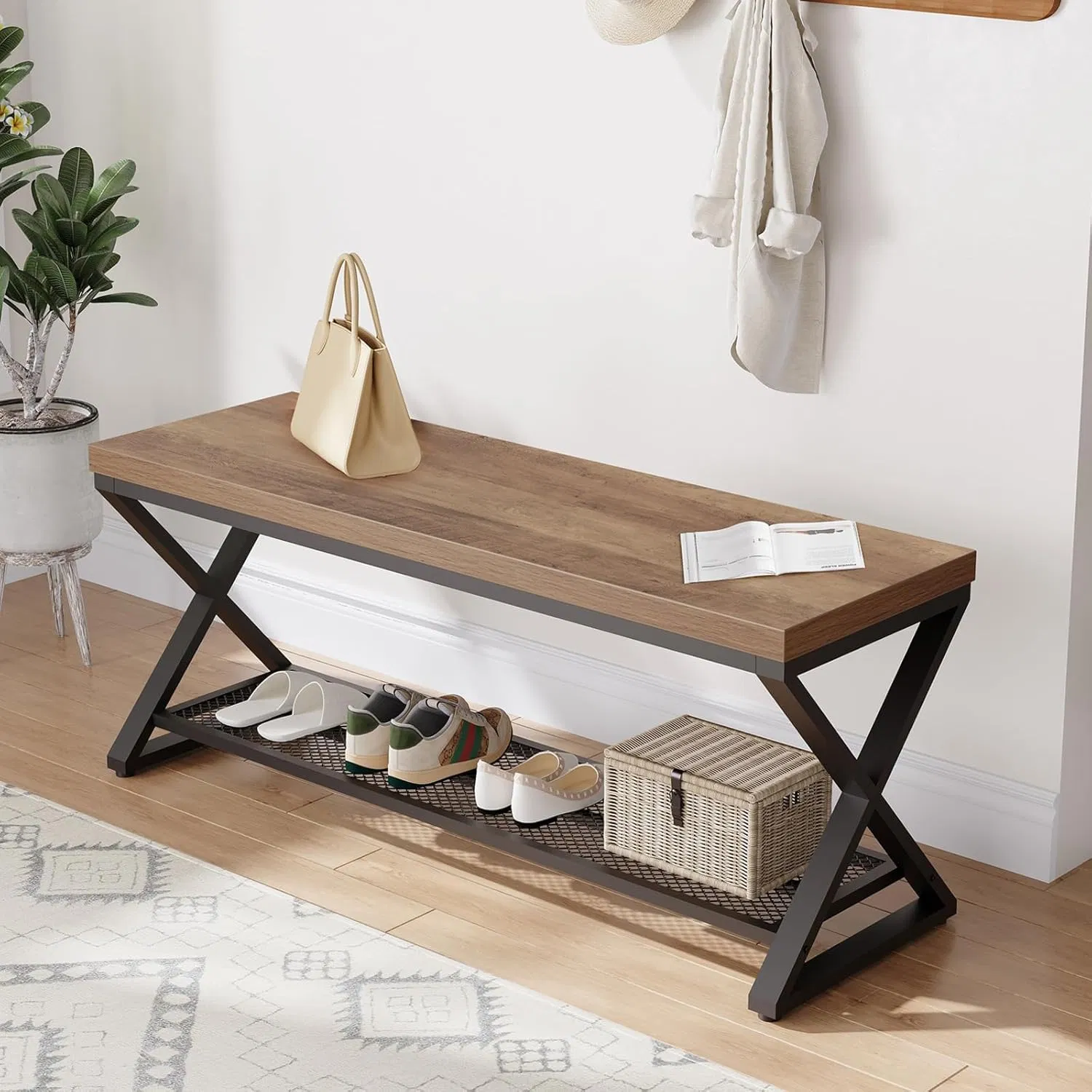 High-Capacity Multi-Functional Bench with Under Storage Shelf Sturdy Metal Frame for Home Entryway Living Room
