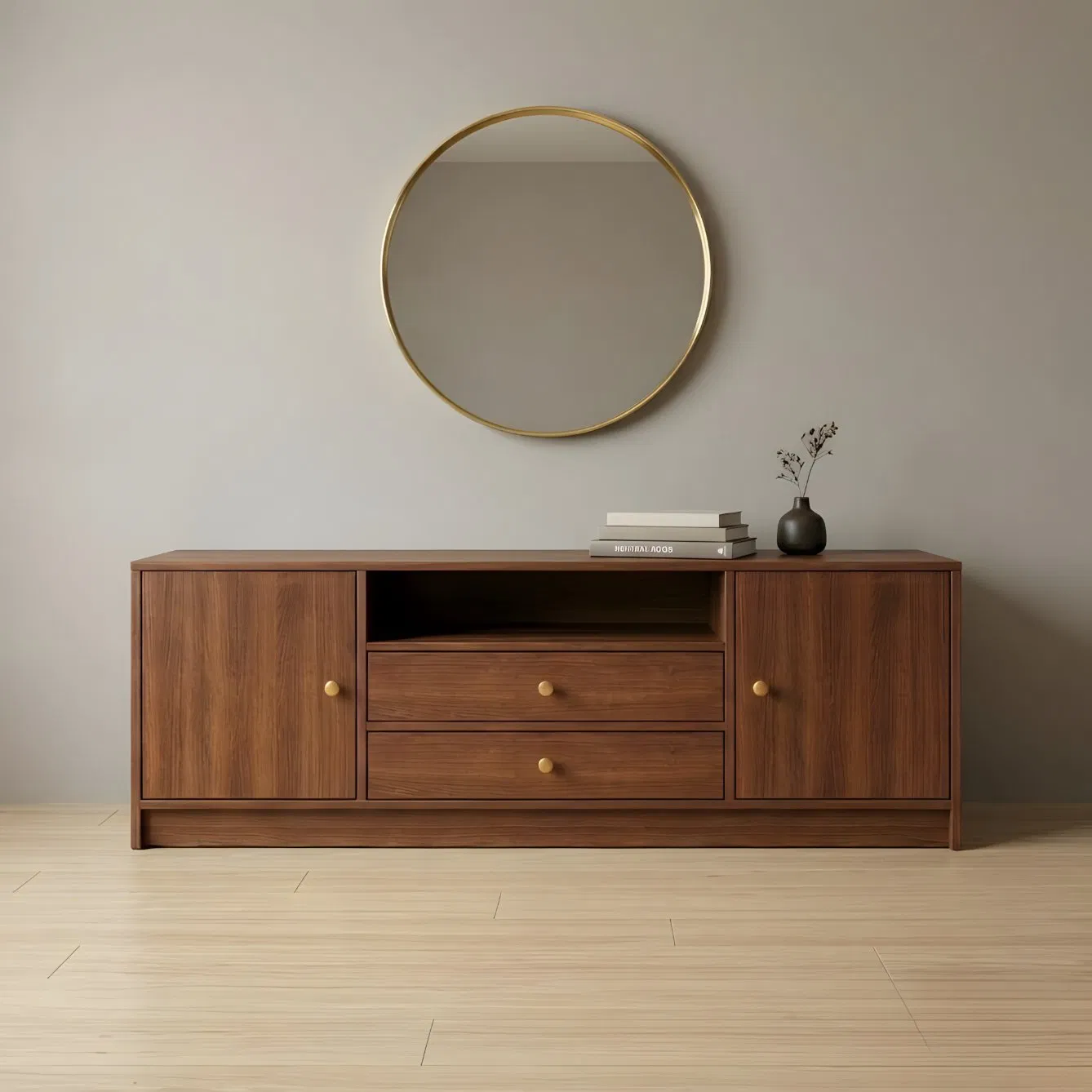 Wooden Media Console for Living Room with Spacious Storage Compartments