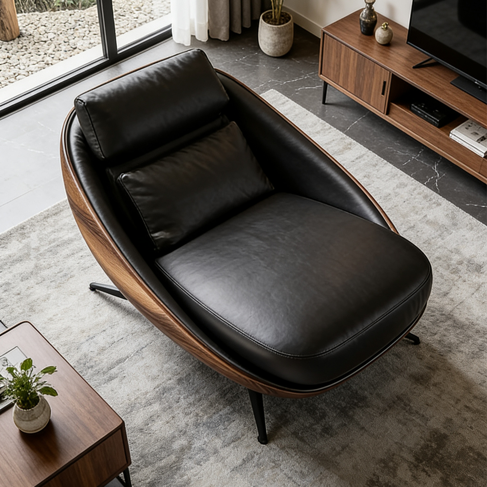 Modern Luxury Fiberglass Walnut Wood Color Lounge Chair Ergonomic Recliner Accent Sofa Armchair for Living Room Home Furniture