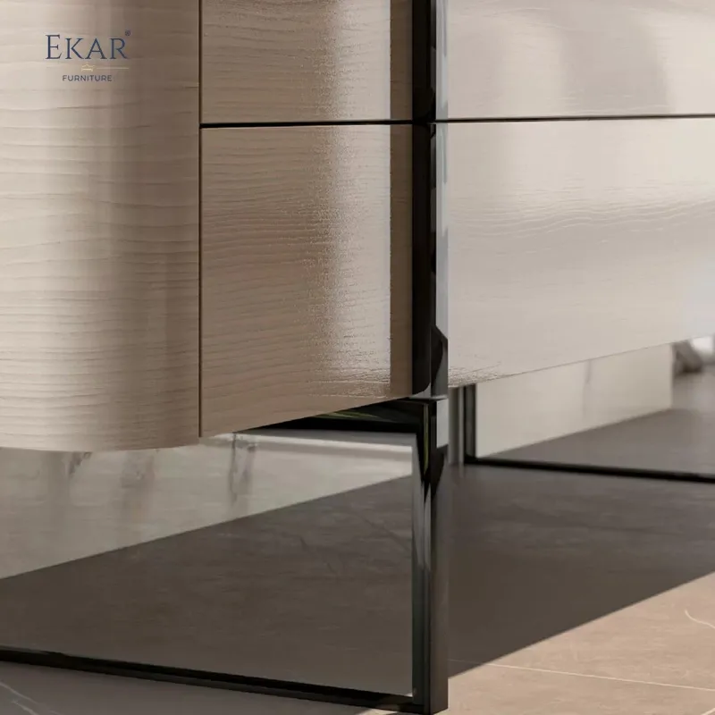Modern Solid Wood Media Console with Metal Legs and Shelves Detail 3