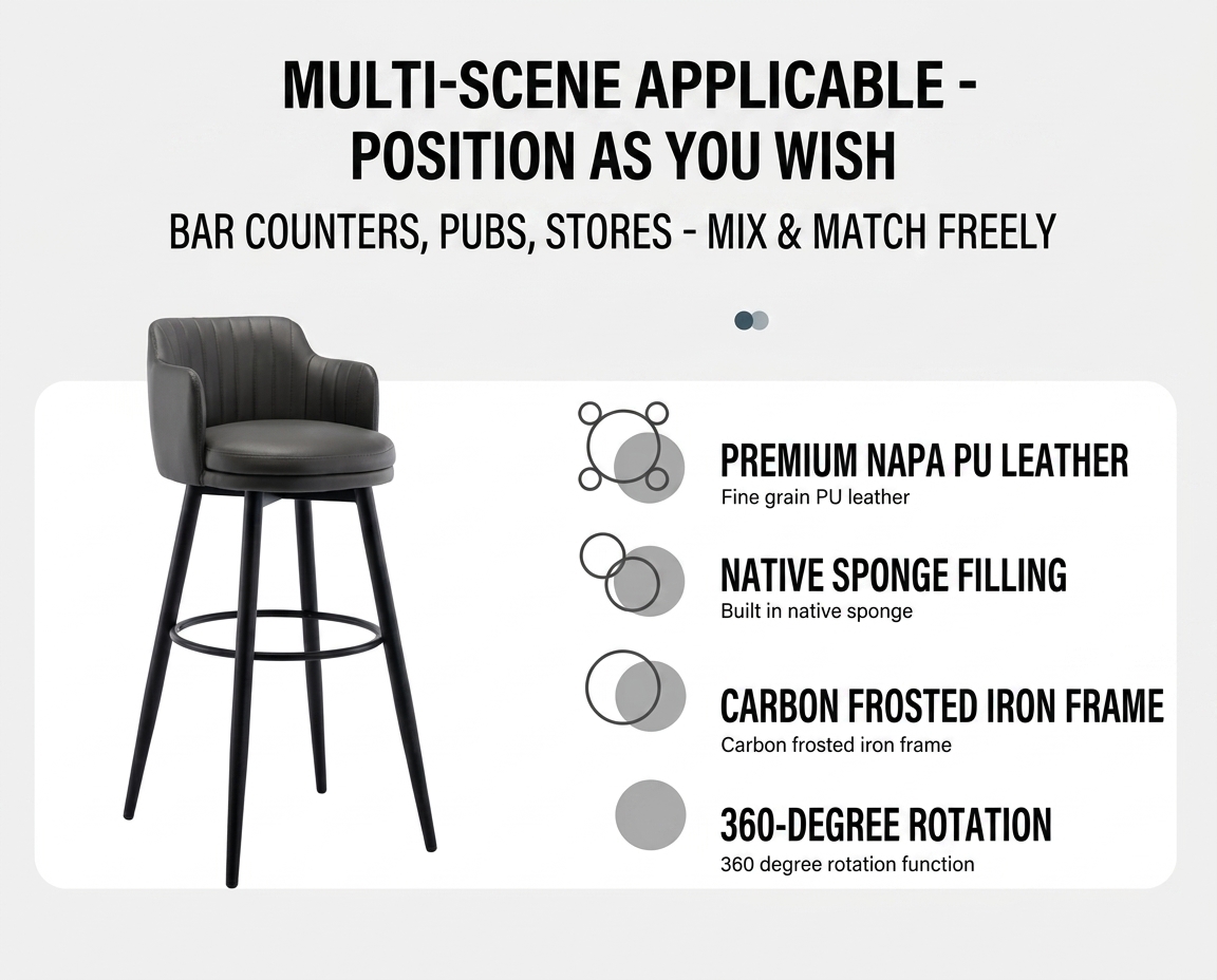 Bar Stool Leather Counter Chair with Metal Leg for Kitchen, Coffee Shop, Home Modern Dining Chairs Commercial Furniture