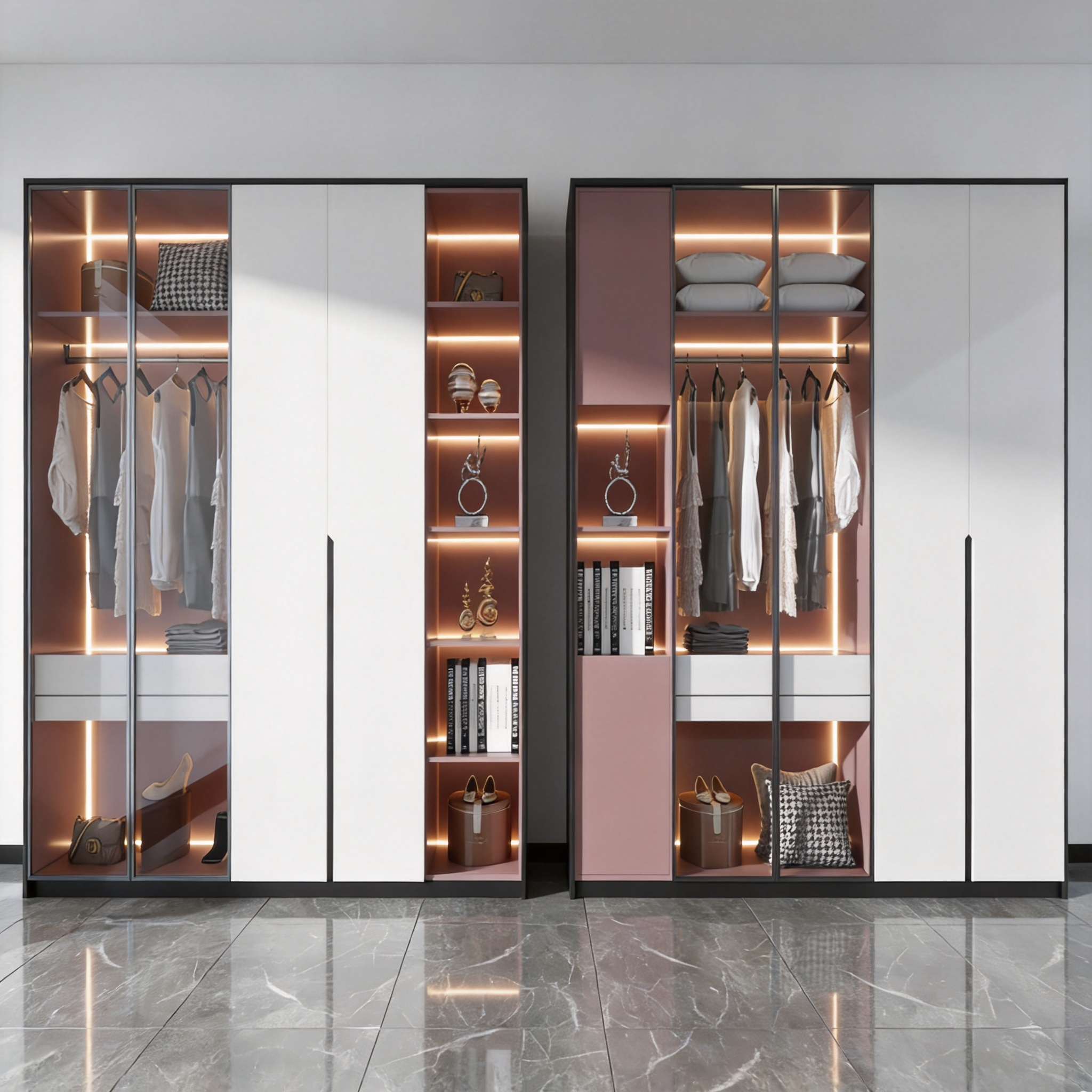 Modern Two-tone Wardrobe with Glass Doors &amp; LED Light, Built-in Closet with Open Shelves for Bedroom