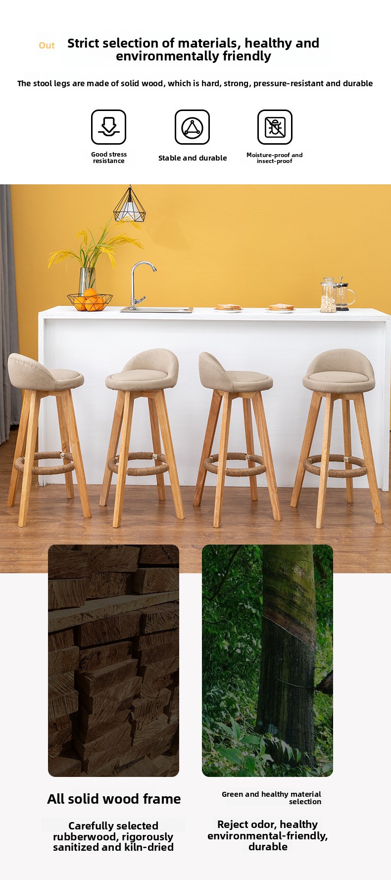Nordic Casual Solid Wood High Bar Stool Modern Minimalism Commercial & Household Use Bar Furniture