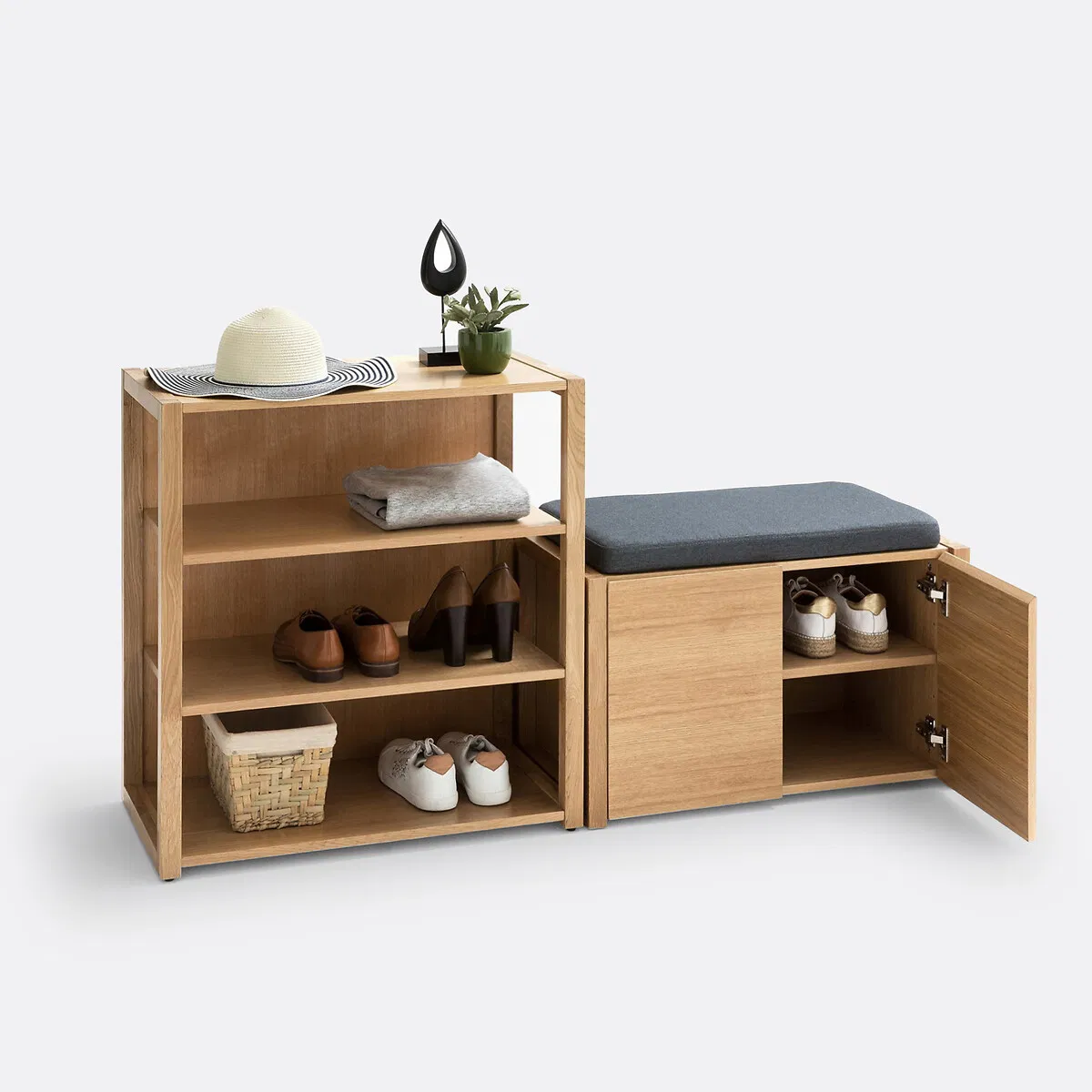 Wooden Entryway Storage Shoe Bench with Cushioned Seat and Double Doors